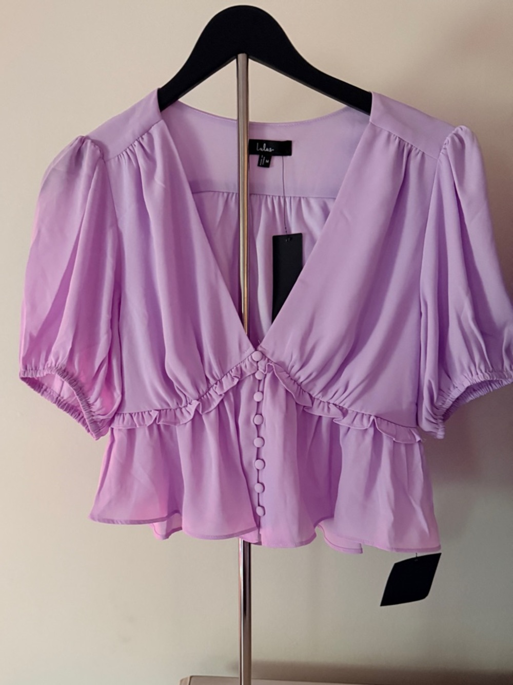 Lulu's Lavender Ruffle Button-Front Peplum Blouse NWT